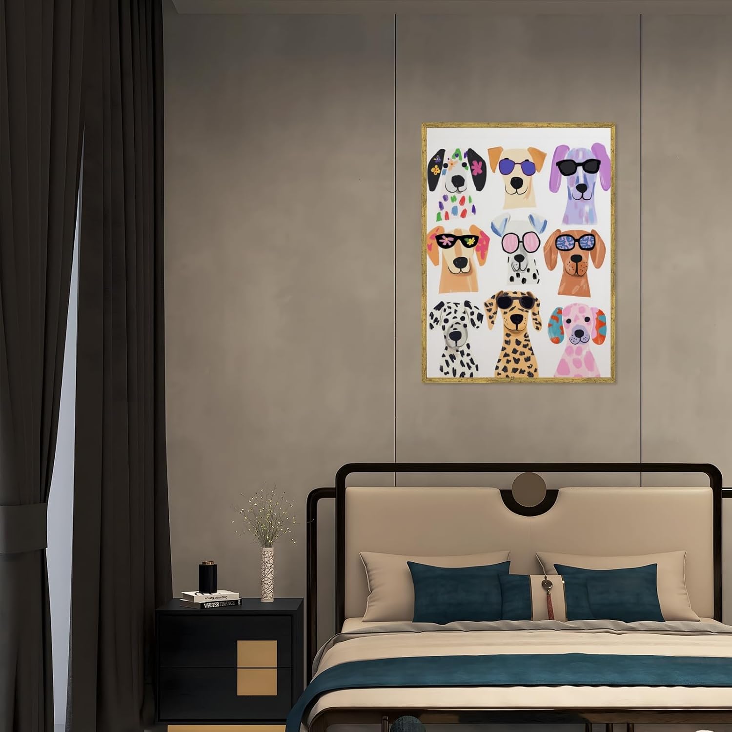 Gold Framed Colorful Dogs with Sunglasses Wall Art Trendy Funny Puppy Portrait Poster for Pet Lovers Cute Animal Canvas Print Painting Dog Picture Decor for Kids Room Nursery Living Room 12x16inch