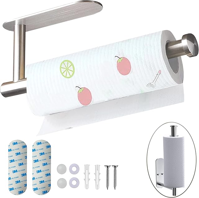 Soothbay Silver Paper Towel Holder Under Cabinet, Kitchen Roll, Wall Mounted, Rack, Stainless Steel 304 Silver, Brushed, Self-Adhesive and Drilling Large Paper Towel Holder for Bathroom, Kitchen