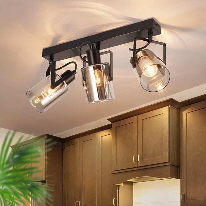 CBJKTX Plafondspot Zwart Plafond Spots 3 Vlam - 350° Zwenkbaar Plafond Lamp E14 Spots Glas Plafondlamp Spotlight Rook Grijs Moderne Keuken Lamp voor Hal Keuken Woonkamer (Zonder Lichtbron)