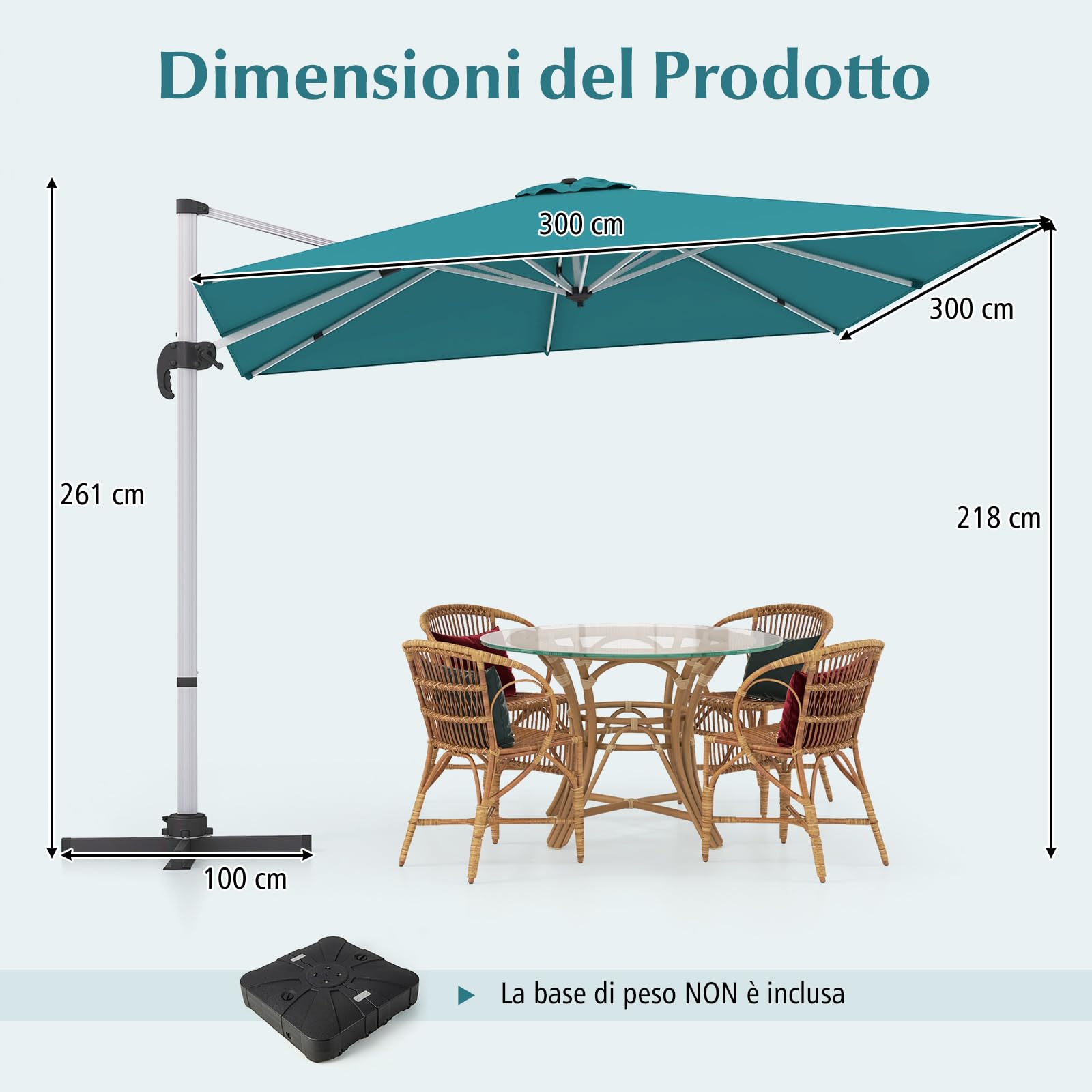 COSTWAY Ombrellone da Giardino 300 cm, Ombrellone Quadrato da Esterno con Rotazione a 360°, Inclinazione Regolabile, Base a Croce, 8 Stecche (Blu)
