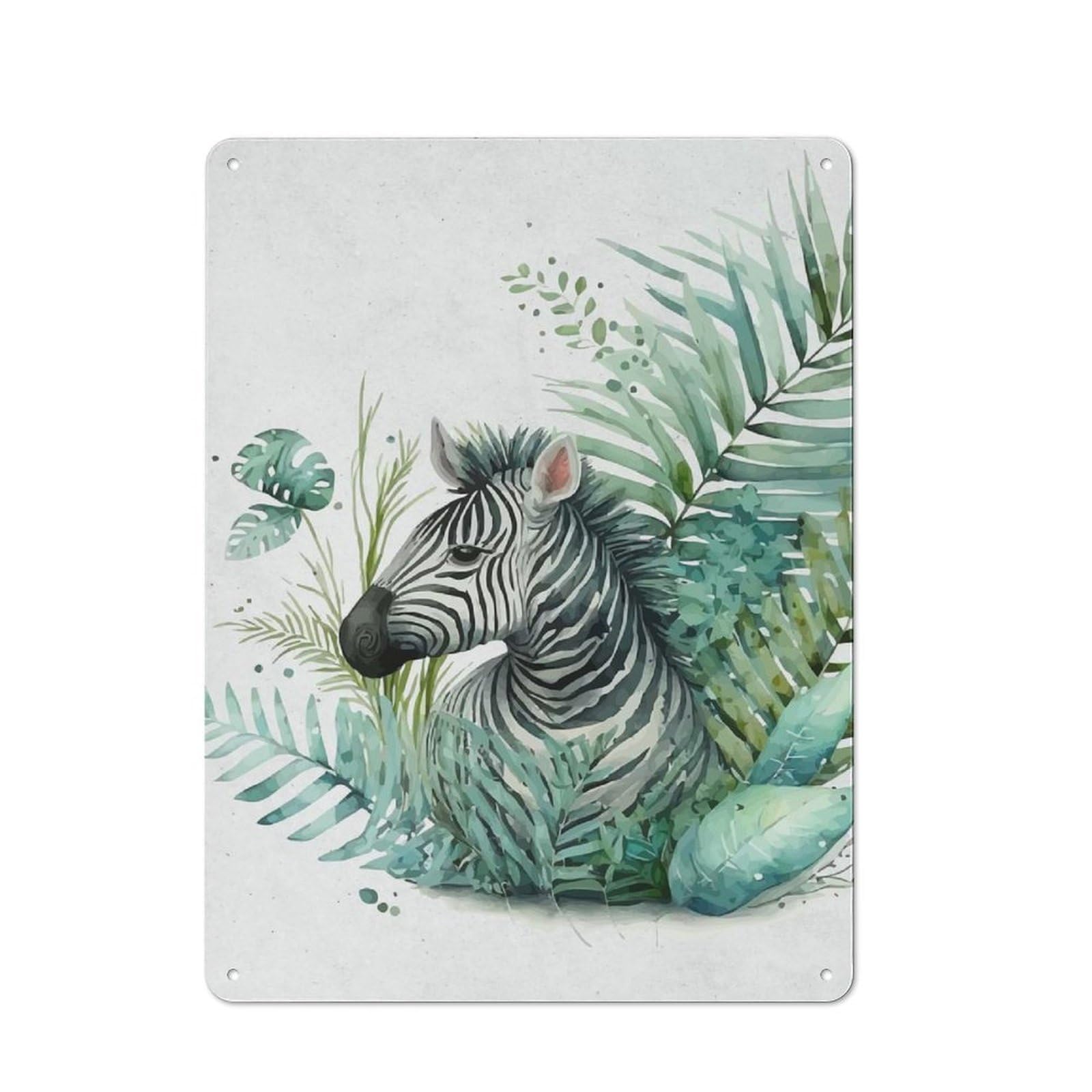 Tin Wall Plaque 40x30cm with Watercolor Animals Zebra for Workshop Wall, Housewarming Wall Decor for People Furnishing Workshop