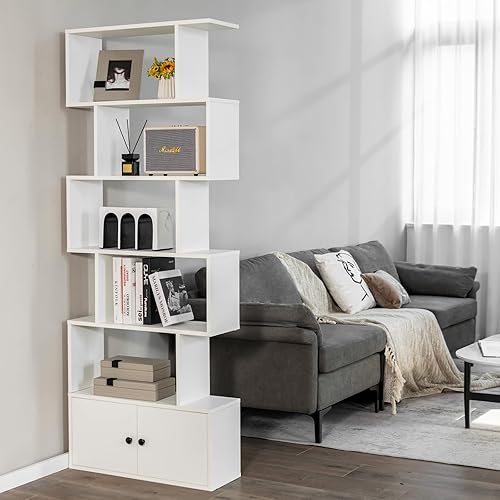 Miniatura 4 de Estantería de 5 estantes, estantería geométrica con puertas, estantes altos en forma de S, estante de exhibición de madera con gabinete, estante