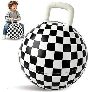 15 Inch Checkered Race Car Hopper Ball, Bouncy Ball with Handle for Kids | Black white Checkered Bouncing Ball for Indoor Outdoor Backyard Party Favors and Games, Inflatable Jumping Toy for Boys Girls