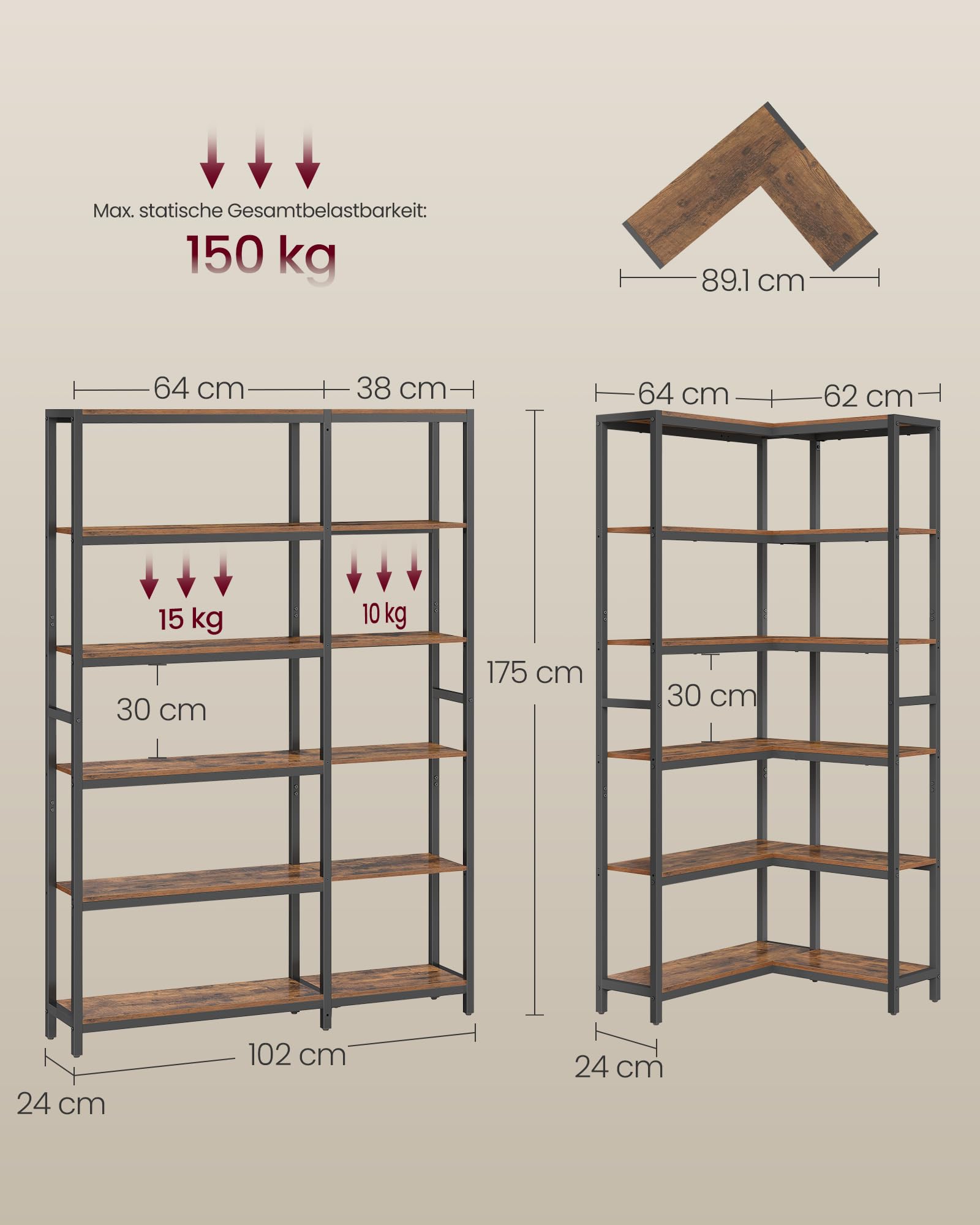 VASAGLE Bücherregal mit 6 Ebenen, Eckregal, Aufbewahrungsregal, 24 x 102 x 175,2 cm, modern, für Wohnzimmer, Schlafzimmer, Büro, vintagebraun-tintenschwarz LLS606K01