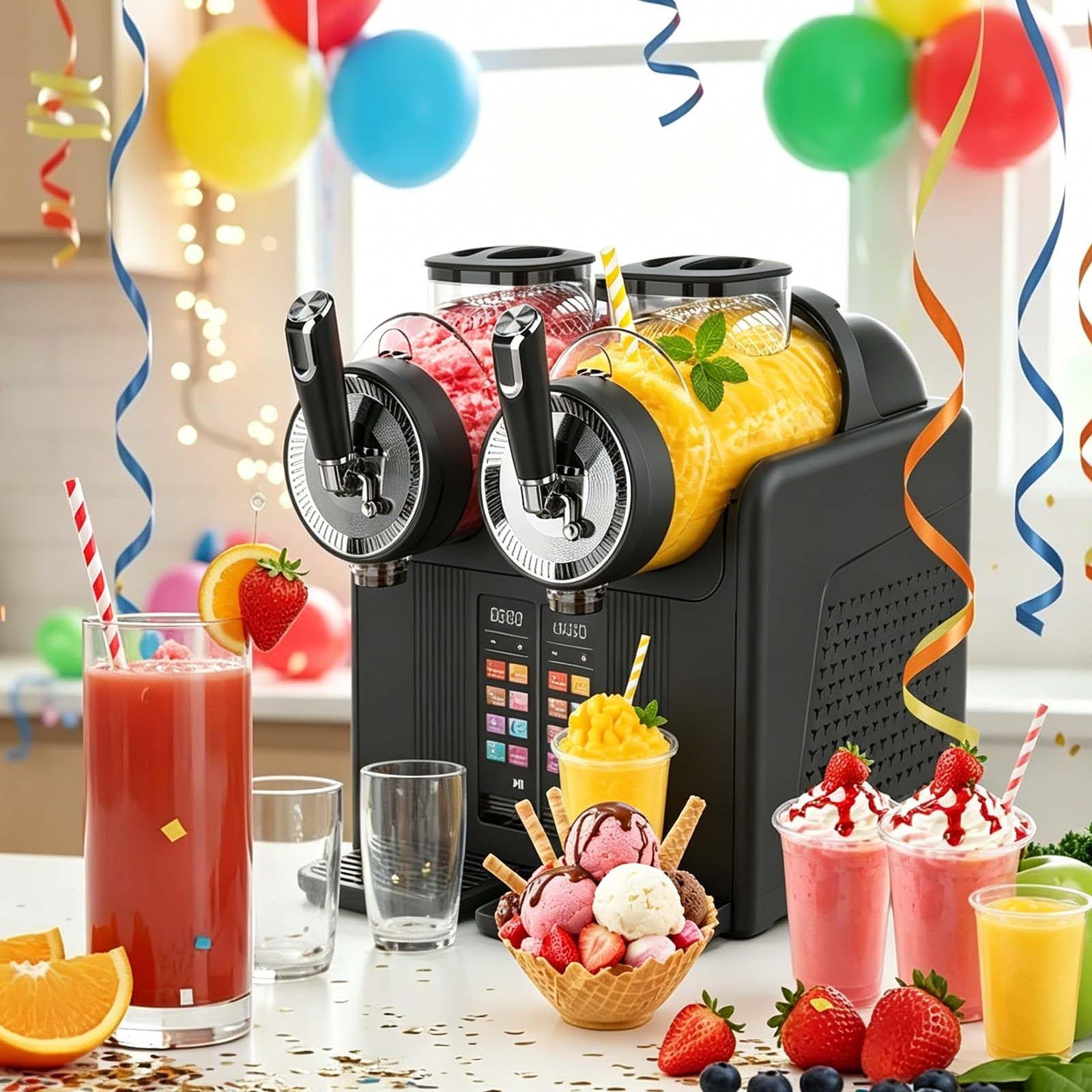 2×2L Slush Machine | 7 in 1 Eismaschine | Softeismaschine | Slushy-Maschine Aus Edelstahl Zwei Tanks,Kein EIS Erforderlich/Touchscreen-FüR SäFte, Eiskaffee, Cocktails & Milchshakes Black