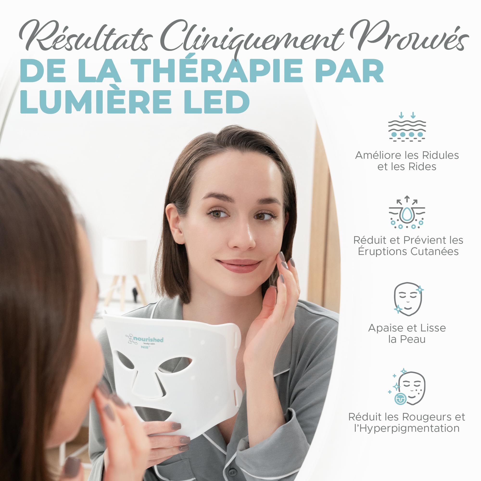 Nourished Bodynskin Masque facial LED 7 couleurs avec infrarouge proche - Luminothérapie bleue, rouge pour le visage - 456 LED - Outil de soin pour les rides, anti-âge