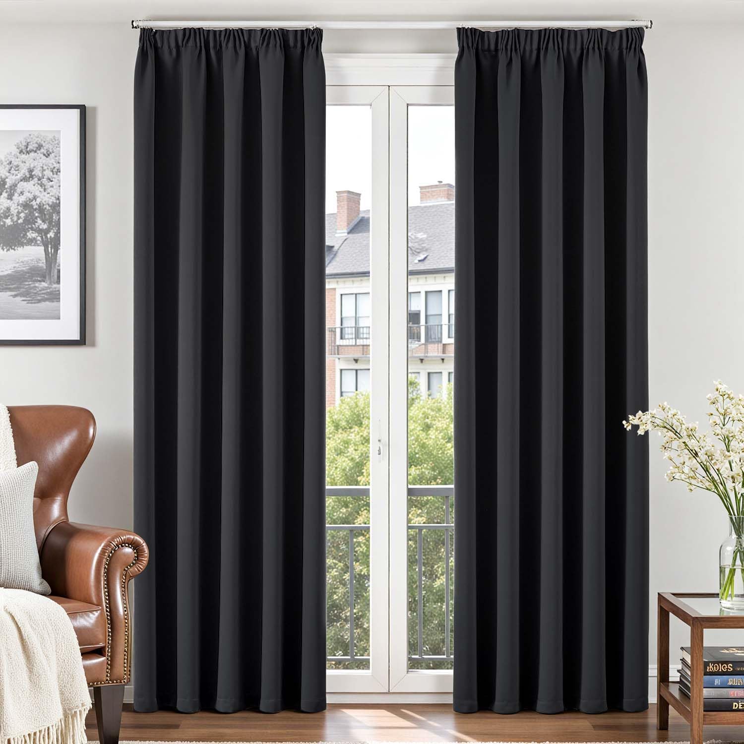 Vangao Vorhang Blickdicht mit Kräuselband Gardinen für Schienensystem Thermo Vorhänge Wohnzimmer H220 x B140cm 2er Set für Schlafzimmer Kinderzimmer Modern Blickdichte Verdunkelnd Curtains, Schwarz