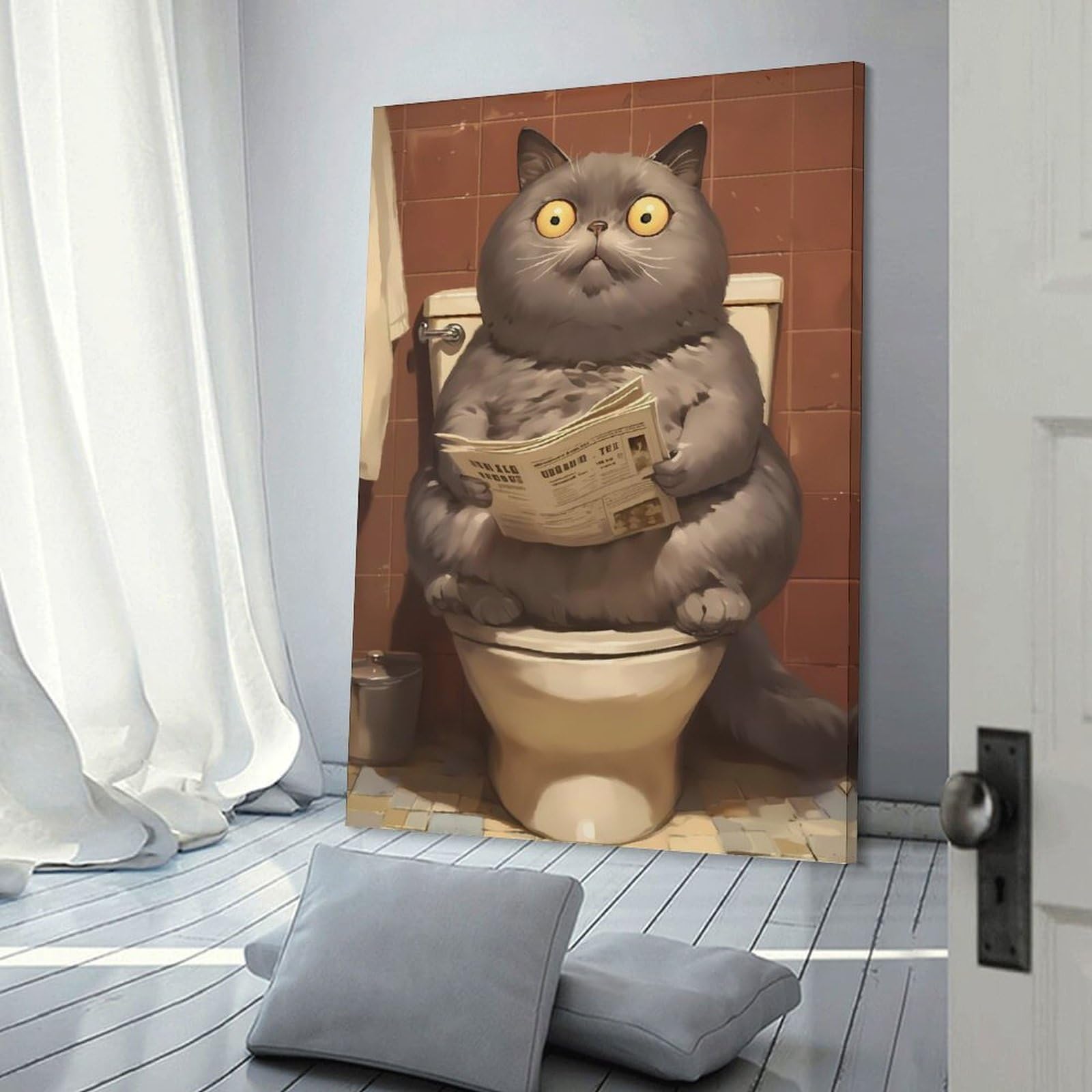 Junmoney Surprised Cat on Toilet Canvas Wall Picture 20x30inch(50x75cm), for Entryway, Lounge Links Or Small Walls, Decorative Canvas Styling for Entry Areas