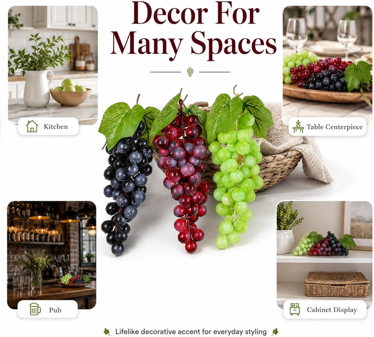3 Bunches Artificial Grape Fake Grapes with Vines Lifelike Simulation Fruit Decorative for Kitchen Party Pub Home Cabinet Ornament(3 Colors, 60 kernels)