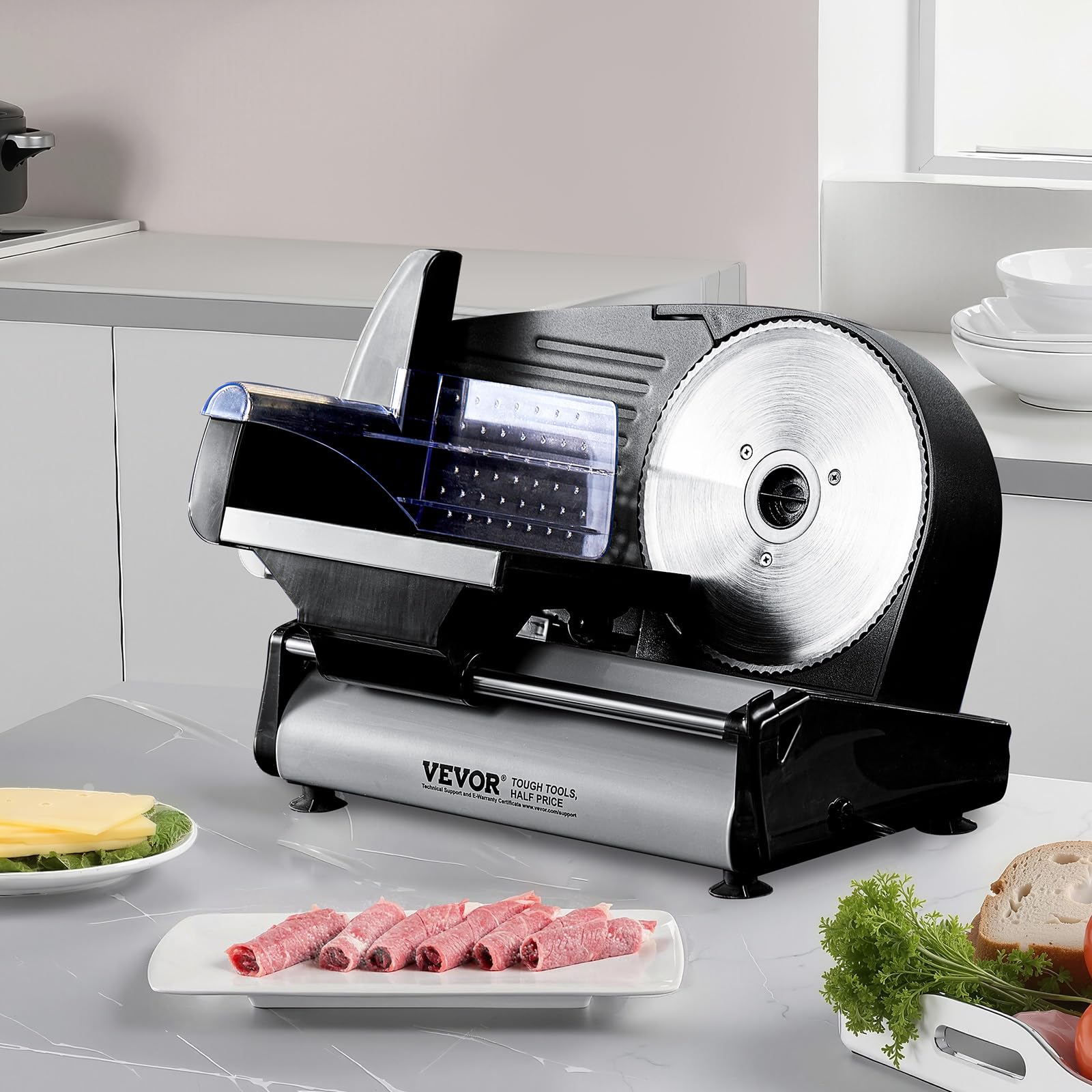 VEVOR Cortadora de Alimentos Eléctrica de 180 W con Dos Cuchillas SUS420 de Primera Calidad, Grosor Ajustable, Máquina Cortadora de Alimentos, Pan Duro y Queso, Uso Doméstico, 390 x 260 x 280 mm