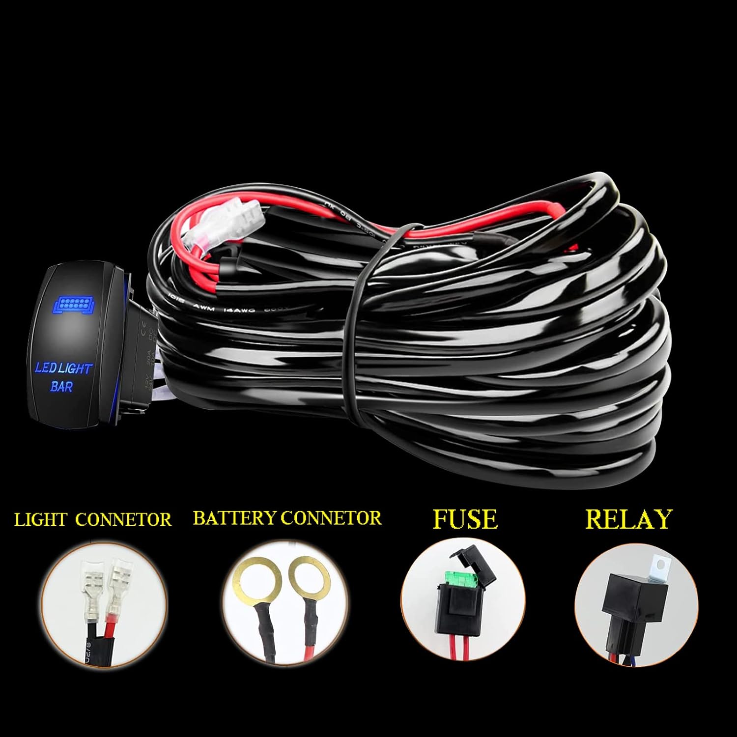 AUXTINGS LED Light Bar Wiring Harness Kit 12V 14AWG Heavy Duty 5Pin Rocker Switch Laser ON Off Waterproof Switch Power Relay Blade Fuse for Off Road Driving Lights Fog Work Lights (1 Lead)