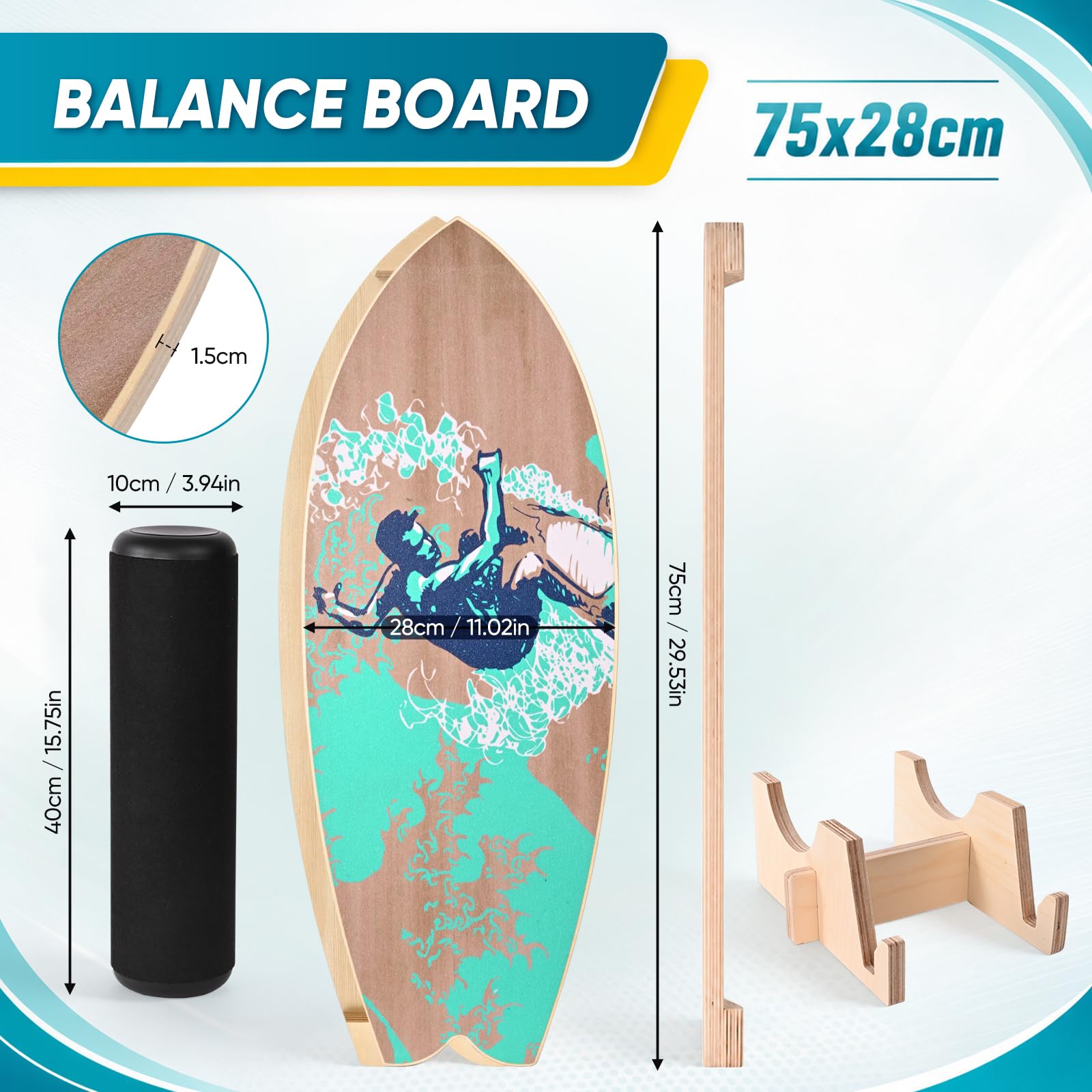 Balance Board 75x28cm 15mm Dickes, Tragfähigkeit 150Kg Holz Balanceboard Erwachsene Kinder mit Rolle & Stand, Core Training Gleichgewichtsboard für Surf, Skate, Yoga & Fitness