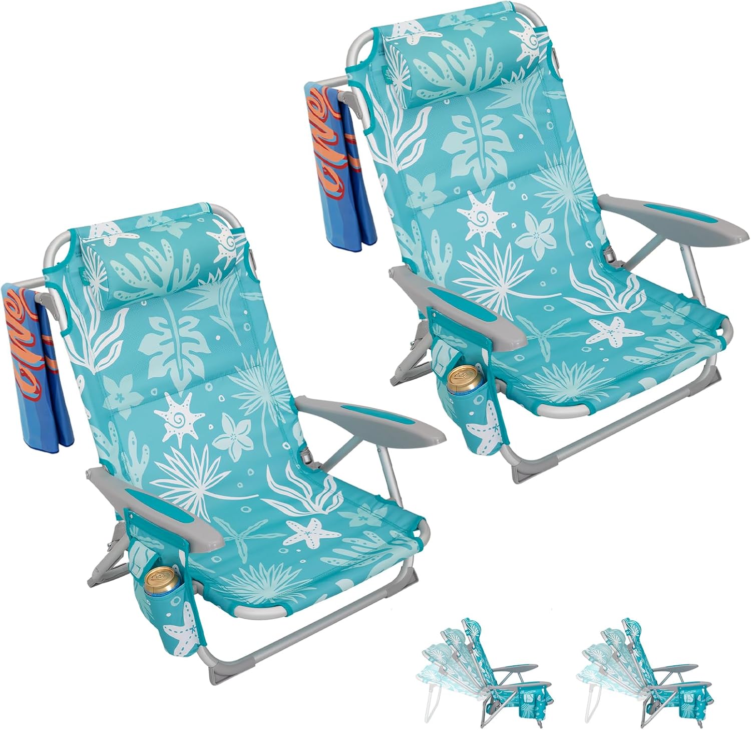 #WEJOY Folding Beach Chair for Adults, 4-Position Aluminum Lightweight Beach Chair, Low Sands Chairs with Shoulder Strap, Cup Holder and Padded Headrest, Supports 265lbs for Lawn Classic 4 Position #C 2 Pack Cyan White
