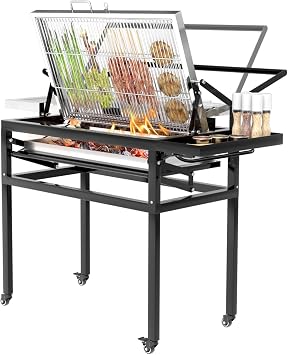 Flipping Charcoal Grill with Wheels, 360 Rotating BBQ Cooking Grid Stand-up Grills, Heavy Duty Square Outdoor Detachable Portable Grillfor Camping Garden Commercial Barbeque