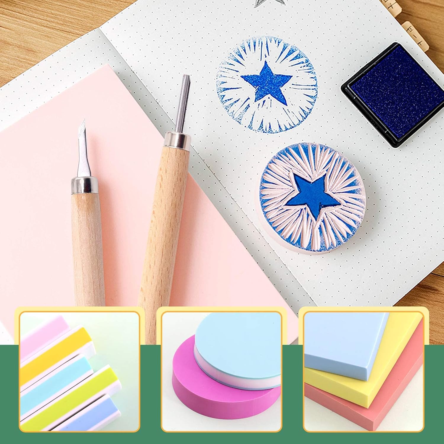 Keadic 65 Pieces Round & Square Rubber Stamp Making Block Printing Starter Tool Kit, Includes 2 Rubber Stamps Carving Blocks, 3 Carving Tools & Whetstone, Tracing Papers, Brayer Roller