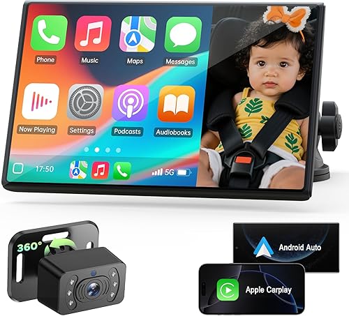 LAMTTO Monitor de coche para bebé con pantalla dividida de 7 pulgadas, CarPlay inalámbrico y Android Auto, cámara trasera HD para bebé con visión