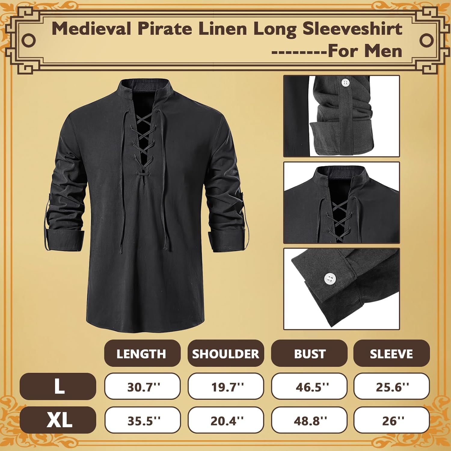 7 Pcs Men's Renaissance Costume Set Medieval Pirate Shirt Viking Shawl Belt Shoulder Armor Sword Bag Cosplay (Medium) - Image 4