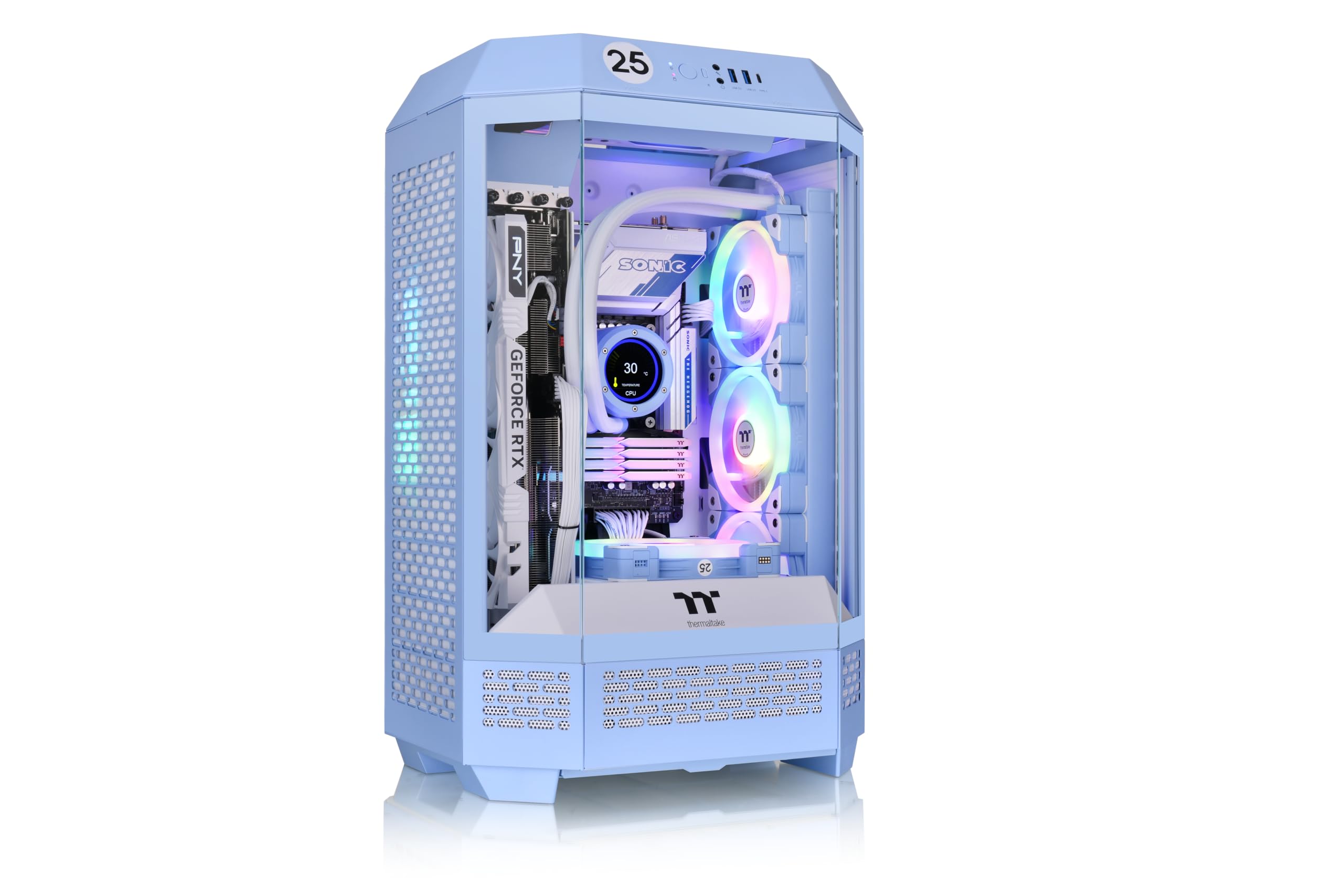 Thermaltake Tower 300 Hortensja niebieska obudowa Micro-ATX; wentylator CT 2 x 140 mm w zestawie; obsługa grzejnika do 420 mm; opcjonalny zestaw stojaka podwozia umożliwia wyświetlanie poziome;