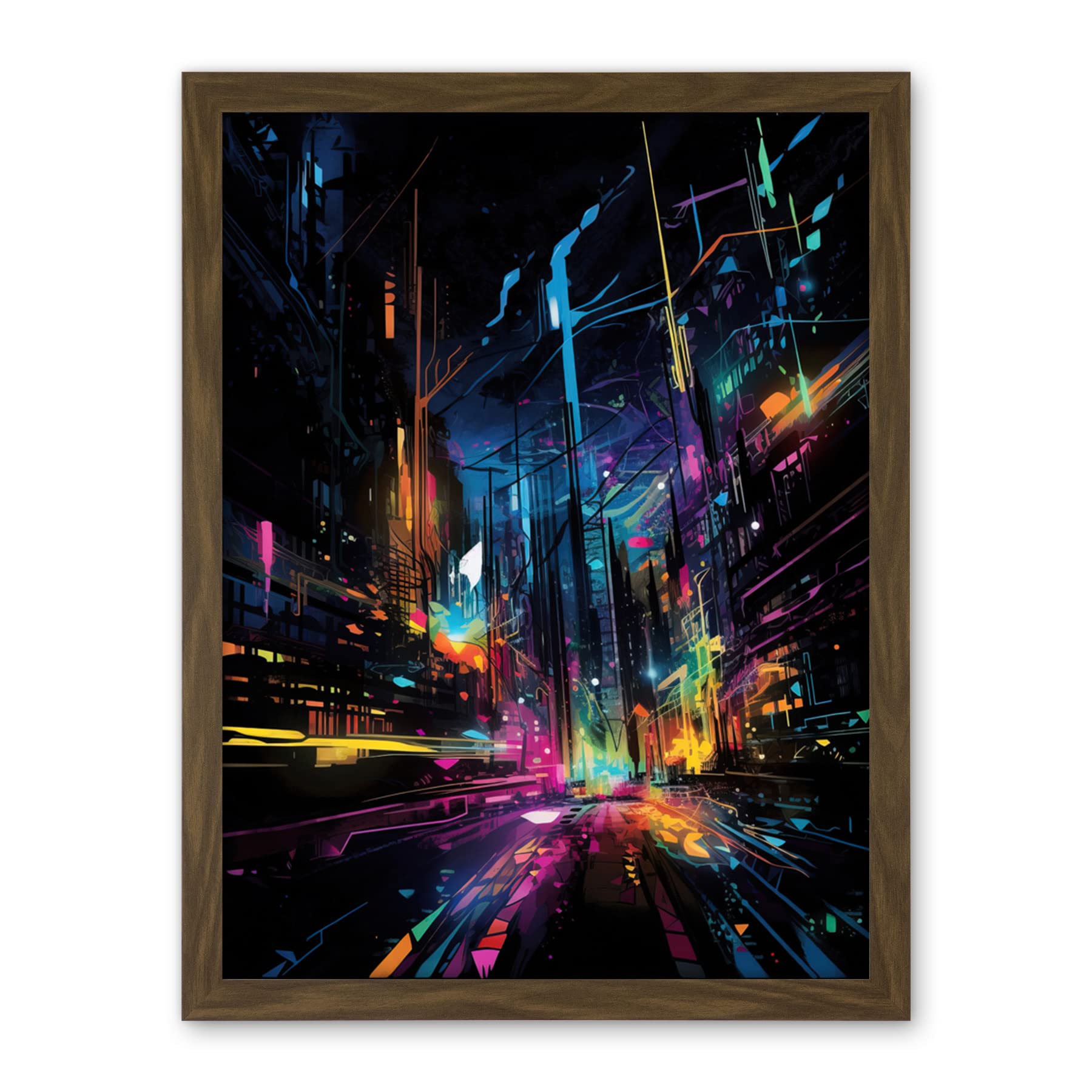 Artery8 New York City at Night Modern Abstract Neon Contrast Painting Artwork Framed Wall Art Print 18X24 Inch