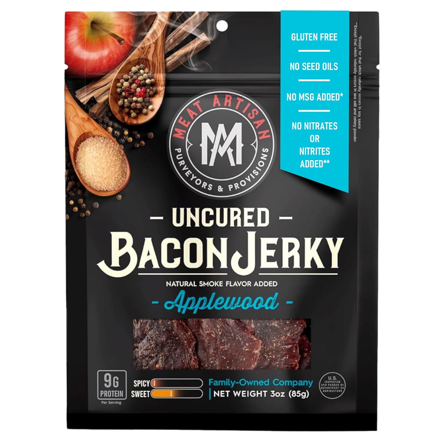 Meat Artisan Applewood Smoked Uncured Bacon Jerky - Gluten Free No MSG and No Nitrates - Gourmet Meat Snacks - Candied Bacon Gifts - 3oz (85g)