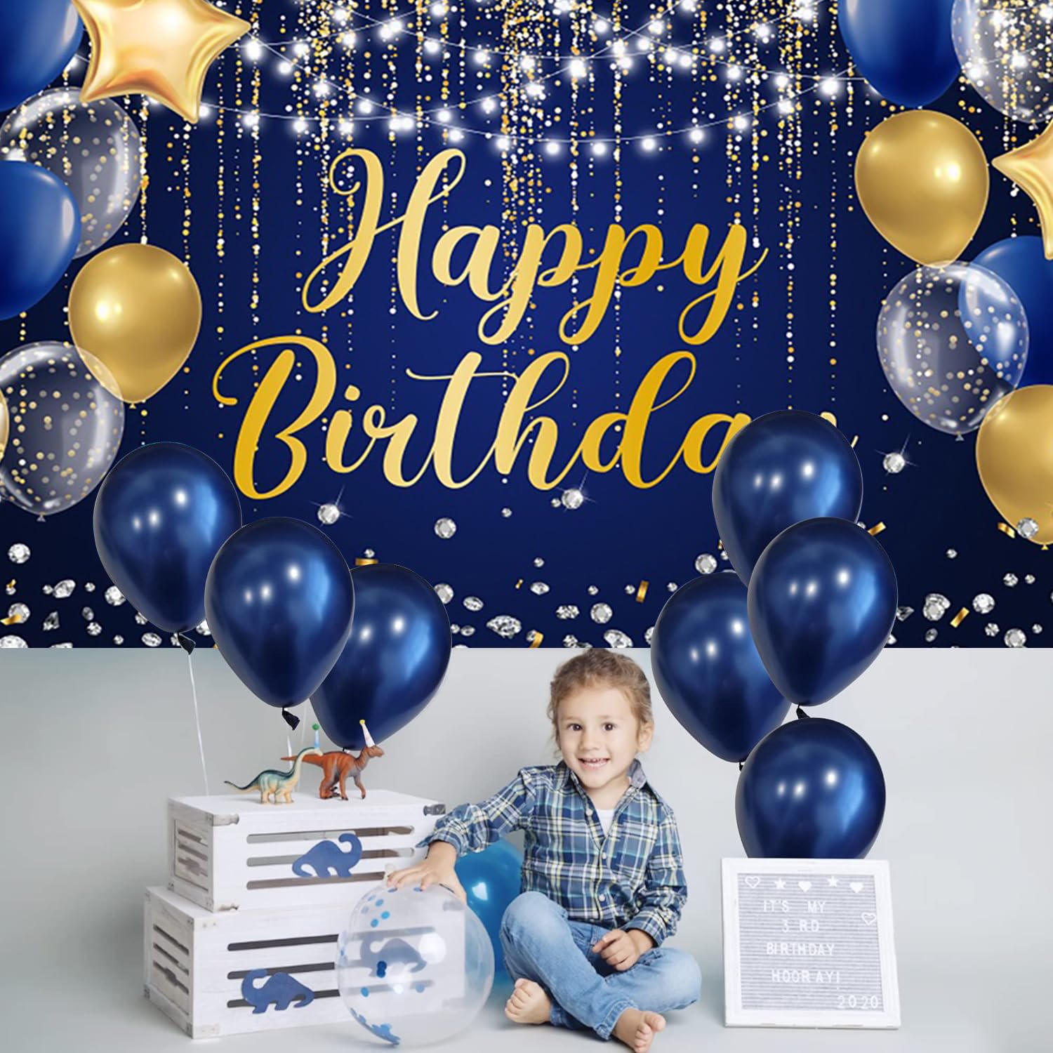 4,6 x 2,7 m blauer Hintergrund "Happy Birthday" mit blauen goldenen Glitzern, silbernen Punkten, Sternen, Luftballons, Geburtstag, Fotografie, Hintergrund, Jungen, Männer, Geburtstagsparty
