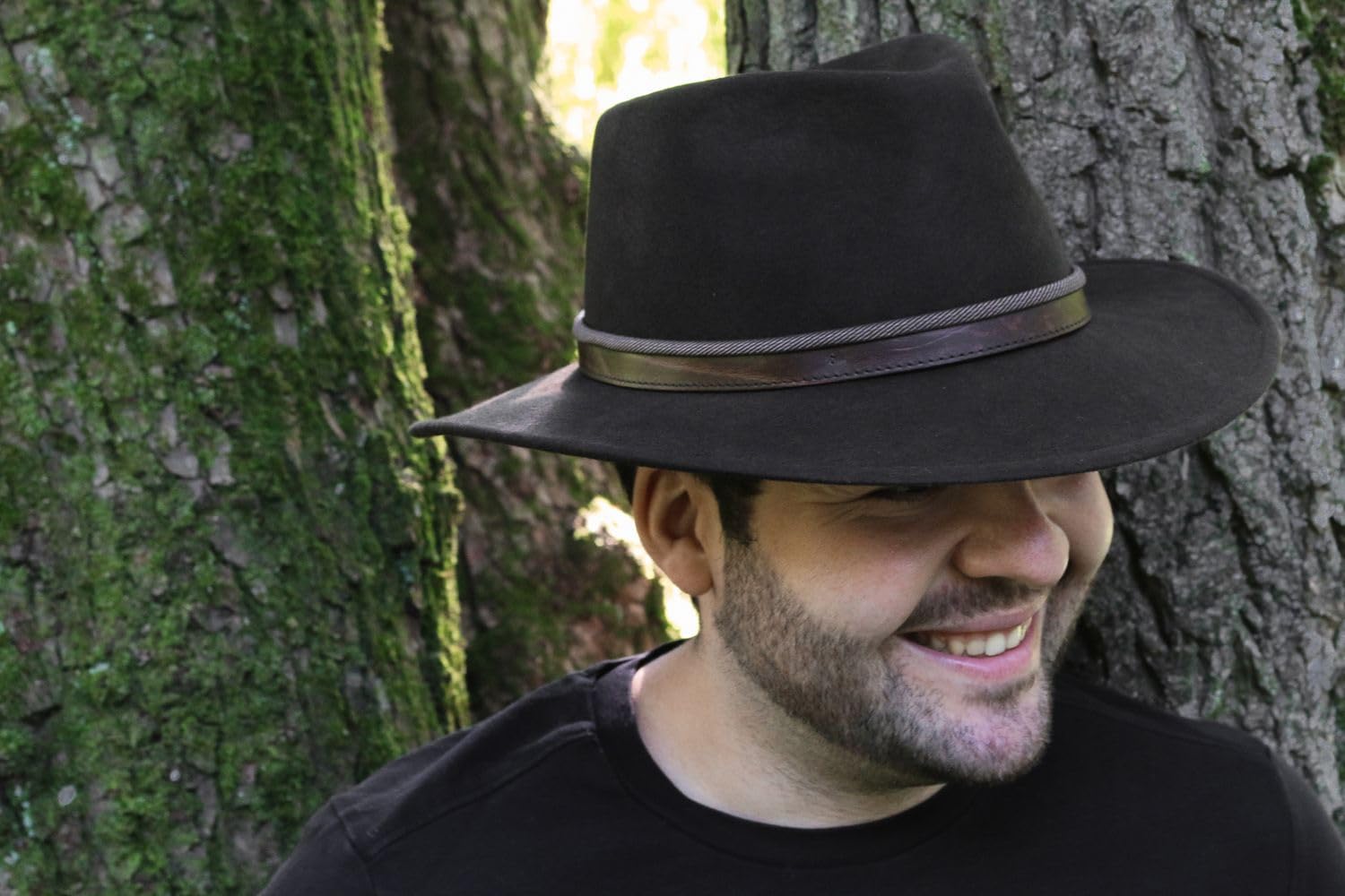 Breiter Sombrero Fedora Enrollable Trekking 100% Lana de Fieltro, Impermeable y Flexible, Ribete de Piel Cuero, Unisex (Color y Talla Elegir)