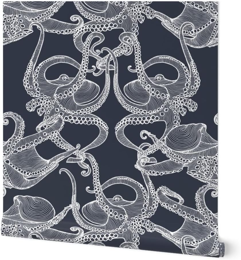 Spoonflower Peel & Stick Wallpaper 3ft x 2ft - Tentacles Fish Navy Sea Squid Ocean Octopus Nautical Custom Removable Wallpaper