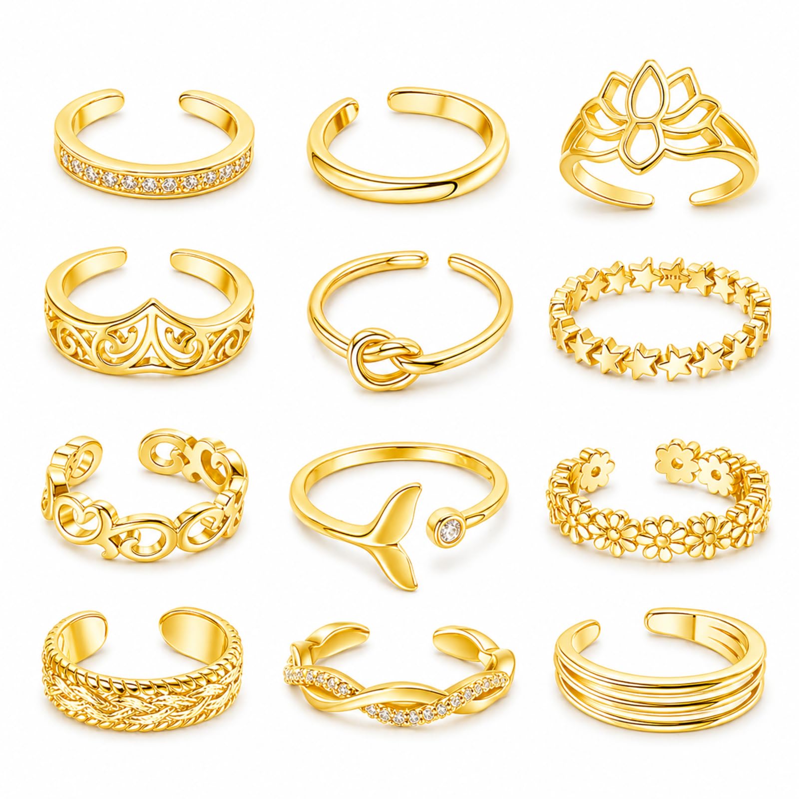 12PCS Toe Rings for Women 14K Gold/Silver Plated Adjustable Toe Ring Set Open Heart Arrow Infinity Rings Beach Foot Jewelry for Summer
