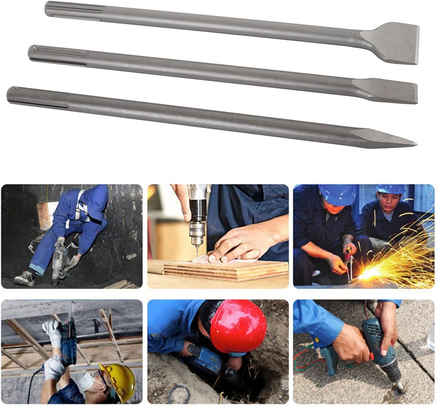 Chisel Set Point 3 Pieces Flat Scale Rotary Chisel Attacking Drill for Extraction Mosaic Concrete Stone 40 Cm
