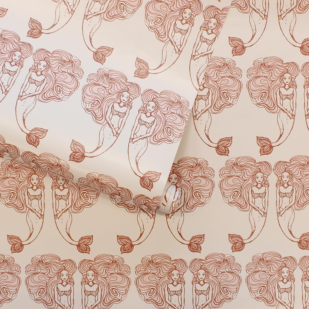 Tempaper Pink Block Print Mermaids Removable Peel and Stick Coastal Wallpaper, 20.5 in X 16.5 ft, Made in The USA
