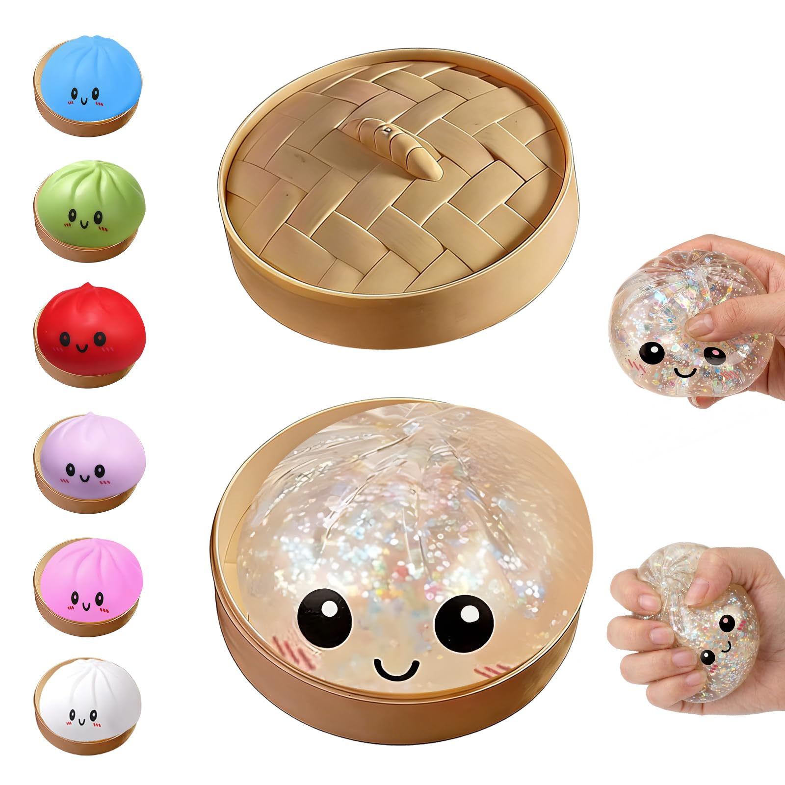 Dumpling Squishies Toy, Giant Glitter Dumpling, Colorful Steamed Bun Stress Balls Fidget Sensory Toy,Squeeze Dough Ball Stress Relief Hand Toys with Food Steamer Stretchy Desk Toys (Blue) — view 12