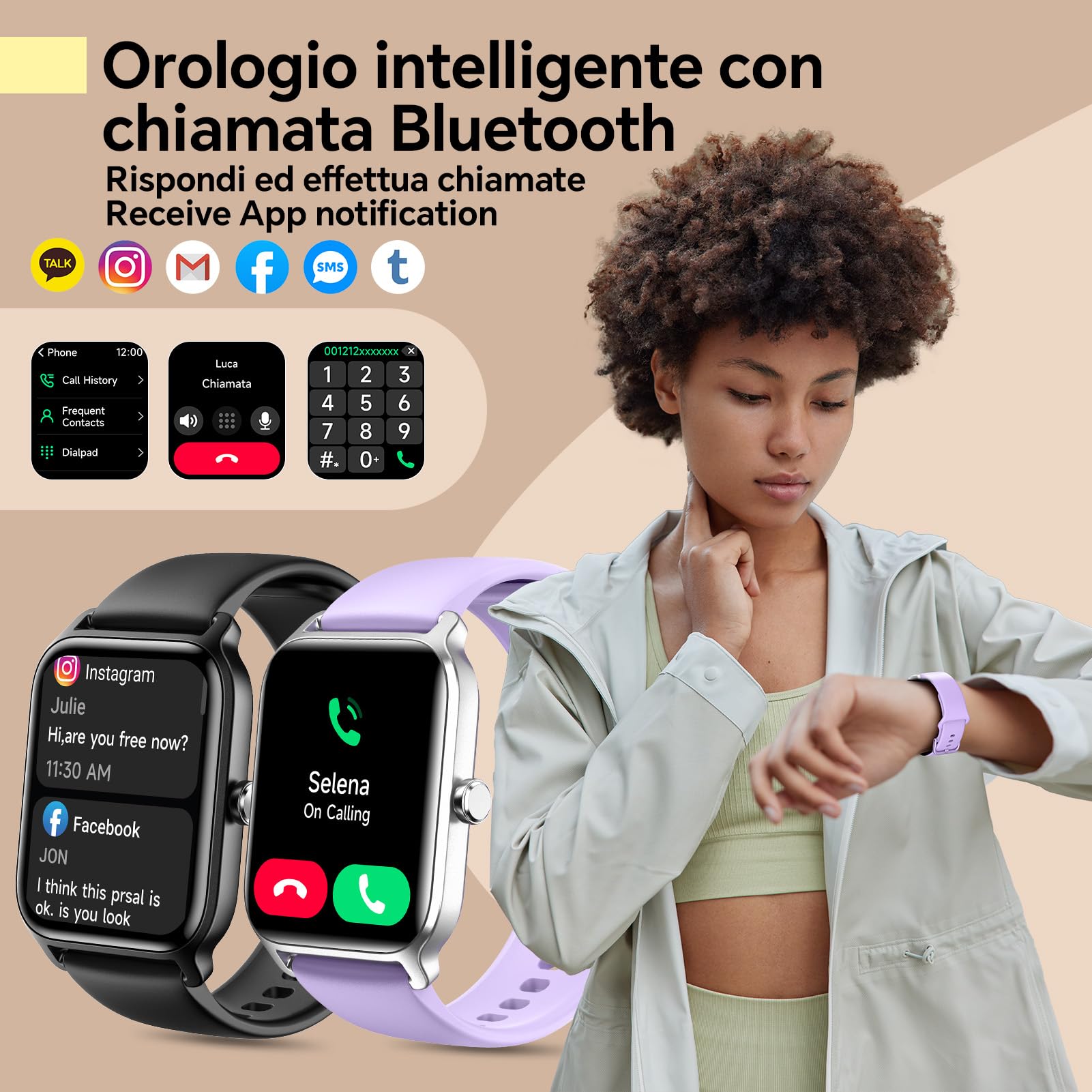 Smartwatch Donna Uomo-Orologio Smart Watch con Chiamate e whatsapp Alexa Integrata Cardiofrequenzimetro SpO2 100 modalità Sport e Monitoraggio del Sonno IP68 Orologio fitness per Android iOS(Viola)