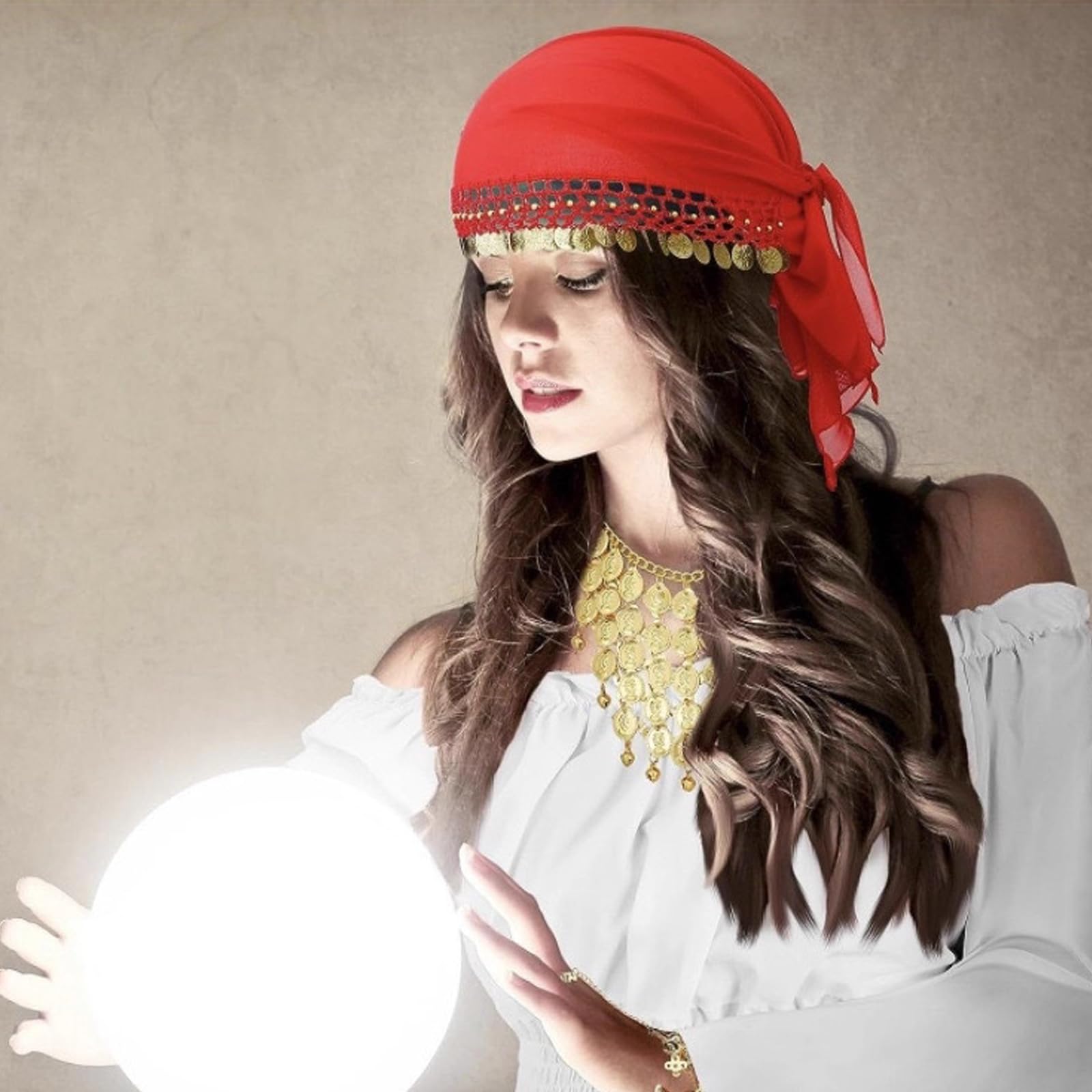 TARGONIX Red Gypsy Head Scarf with Gold Coins - Image 3