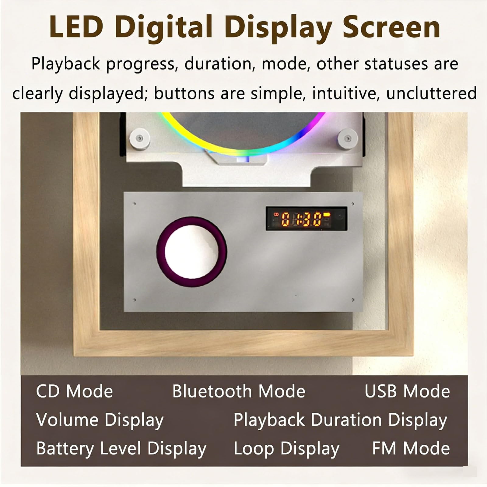 Reproductor de CD de pared con mando a distancia, Bluetooth 5.1, USB, FM, modos auxiliares, marco de fotos decorativo de música para el hogar, oficina, pasillo, elegante decoración de pared