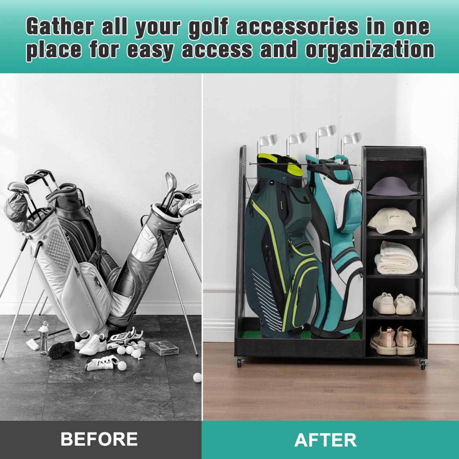 Golf Bag Organizer for Garage, Premium Wooden Golf Clubs Storage Rack Fit 2 Golf Bags, Golf Trunk Organizer for Car Garage Club Shed Basement