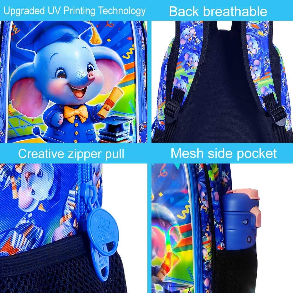 gxtvo 3PCS Elephant Backpack for Boys, 16" Kids Bookbag with Lunch Box, Water Resistant Elementary Preschool Toddler School Bag - Blue Dr.Elephant - Image 5