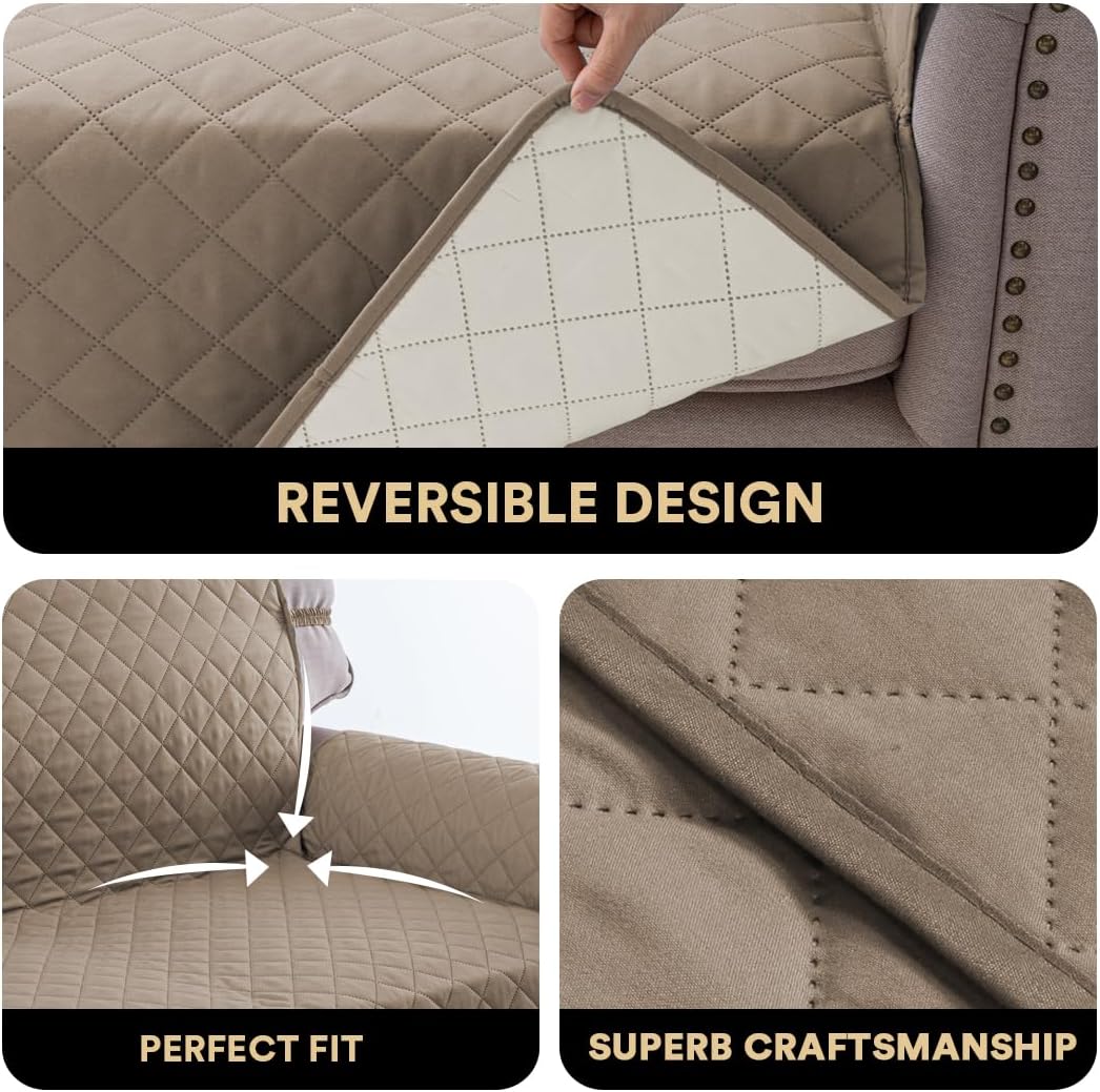 PrinceDeco Couch Cover for Dogs Washable Reversible Couch Covers for 3 Cushion Couch Sofa Pet Friendly Water Resistant Furniture Protector with Elastic Straps(Sofa 66", Taupe)