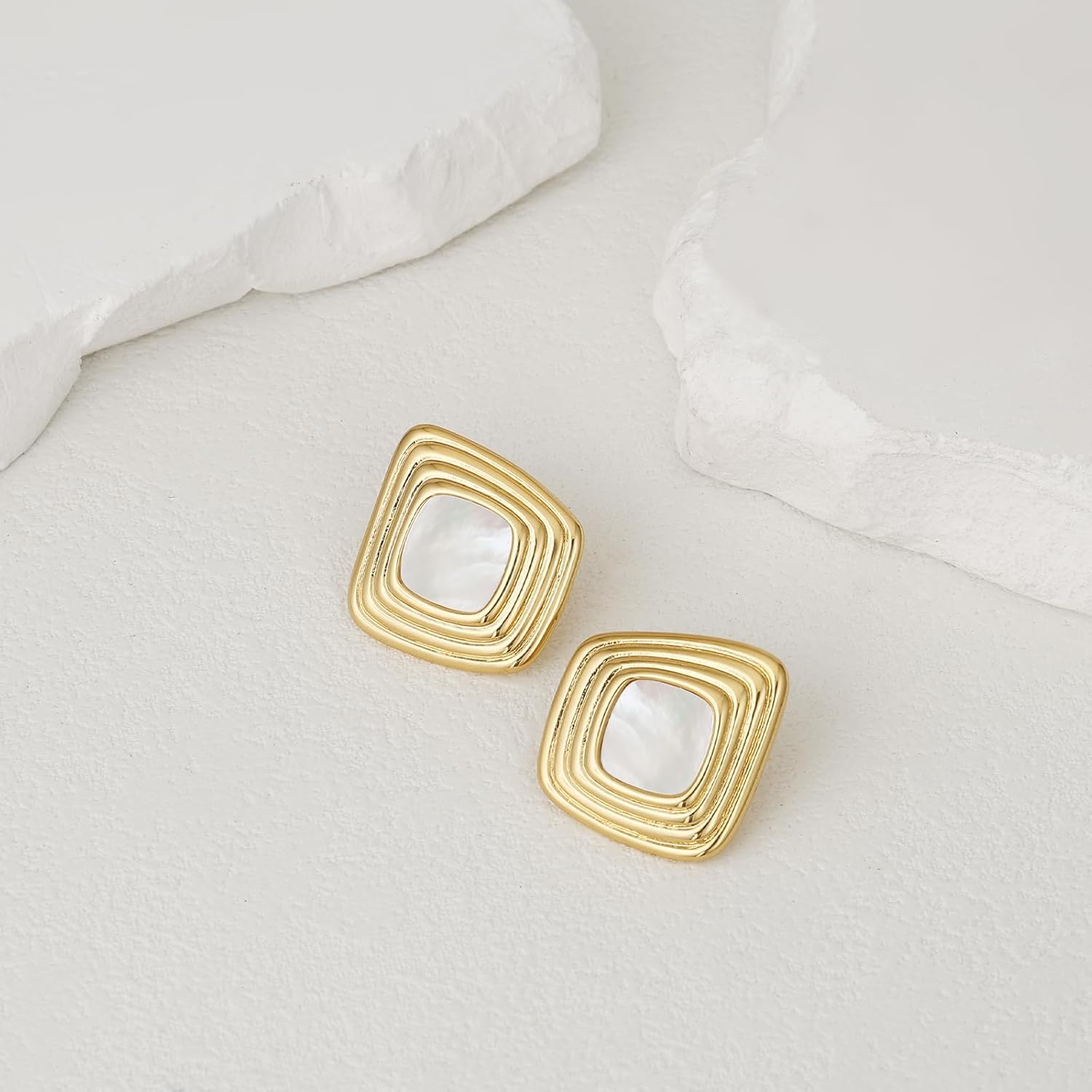 White Earrings Chunky Gold Statement Mother of Pearl Earrings 14K Gold Plated Square Stud for Women - Image 4