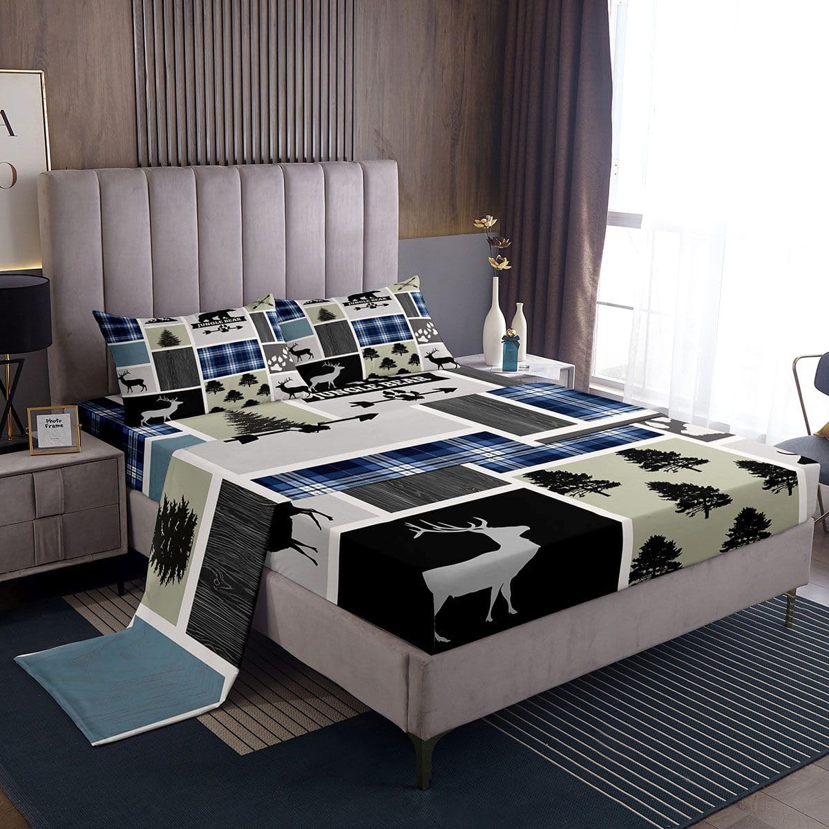 Cute Deer Bed Sheets Set Queen Size, Deer Hunting Sheet Set Rustic Camping Cabin Buffalo Sheets with Deep Pocket Fitted Sheet Bear Deer Lodge Patchwork Bedding Set Microfiber Bed Set