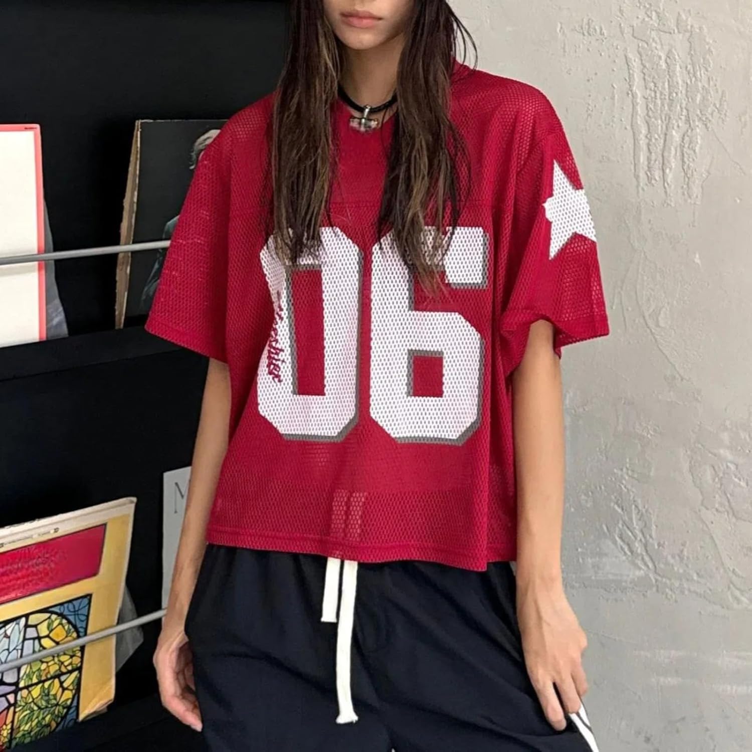 Y2k Jersey Shirts for Women Number Letter Graphic Mesh Oversized T Shirt Vintage V Neck Summer Football Tee Tops - Image 2