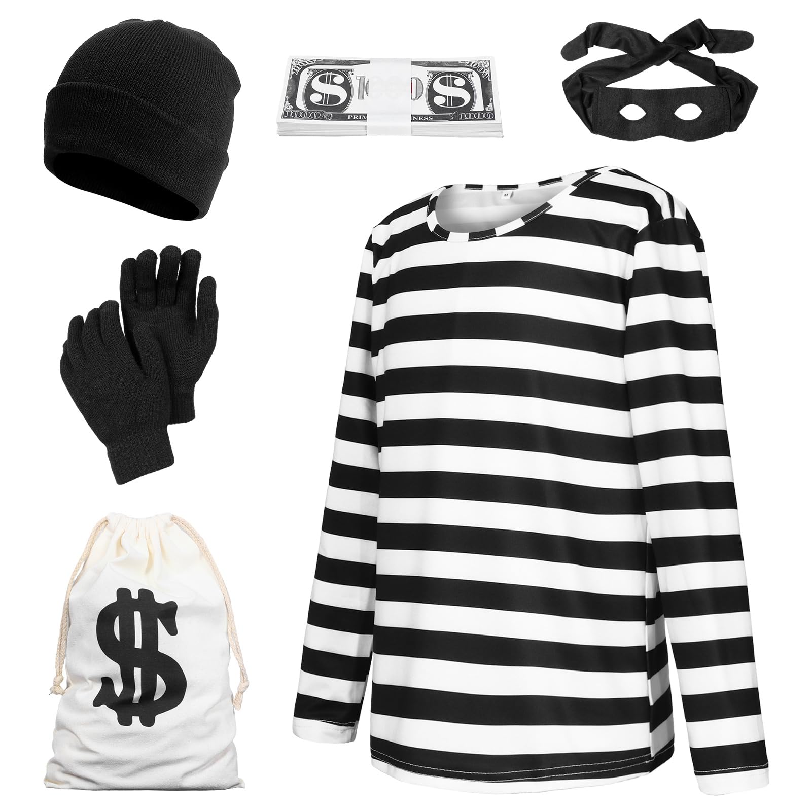 Suffolly Prisoner Costume Kids,Zombie Convict Costumes,Robber Costum Includes Top,Pant,Hat,Handcuffs Cops and Robbers Fancy Dress Burglar Costum,Halloween Costumes for Kids (Adult