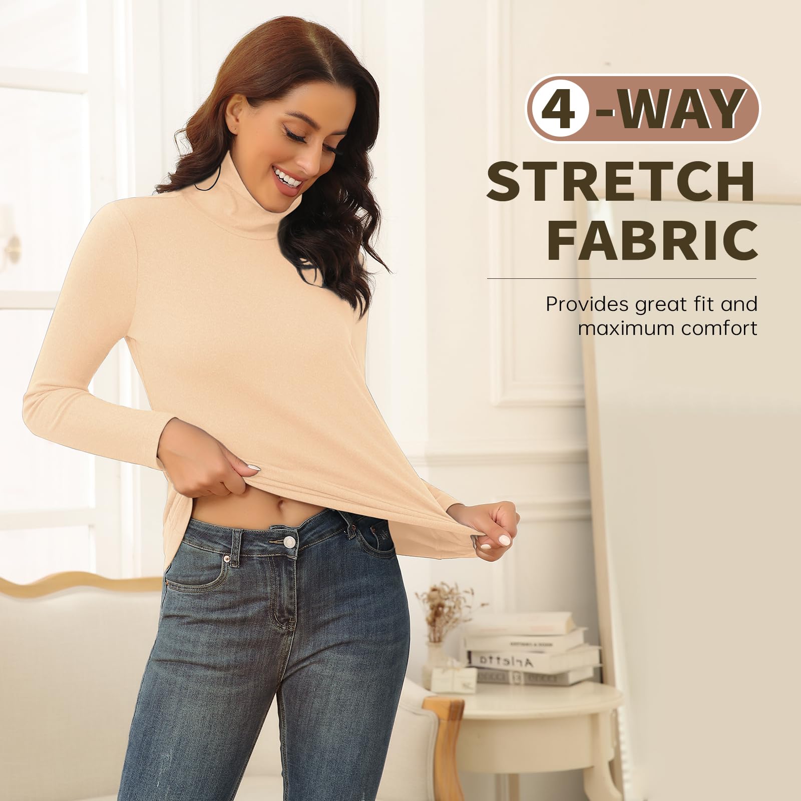 WOWENY Camiseta térmica para Mujer, Cuello Alto, Forro Polar, Manga Larga, Ropa Interior térmica, Camiseta Interior Extra cálida, Ligera, Ropa Interior de esquí