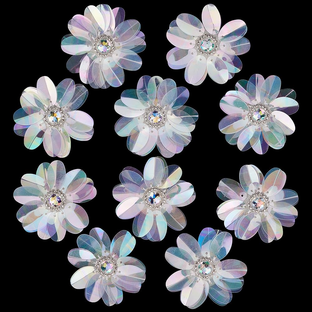 GORGECRAFT 10Pcs Plastic Sequin Flowers with Rhinestones Crystal Beaded Floral Applique for Women DIY Hair Clip Bags Brooch Wedding Dress Shoes Garment Craft Dresses Gift Wrapping Hair Accessories