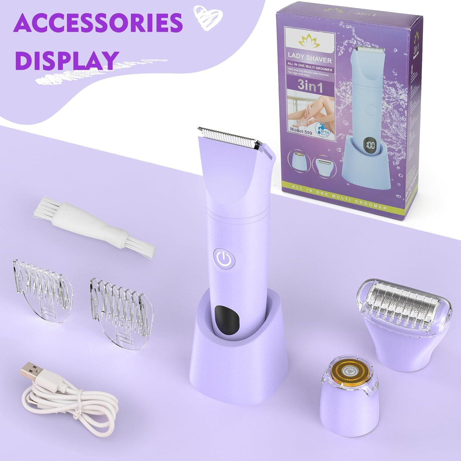 Bikini Trimmer for Women, 3 in 1 Electric Razors for Women, Waterproof Pubic Hair Trimmer and Facial Hair Remover, Rechargeable Electric Shaver for Underarm Leg Arm Body with LED Display - Image 6