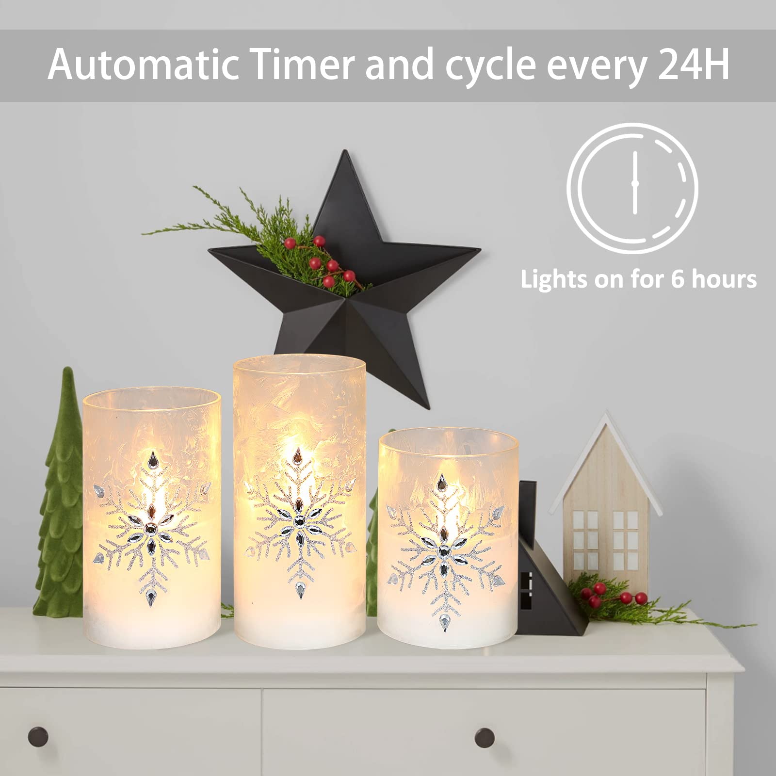 MELTONE Holiday Snowflake Flameless Candles Real Wax Flickering Battery Operated Glass LED Candles With Remote - Home Xmas Party Christmas Decor - Set Of 3