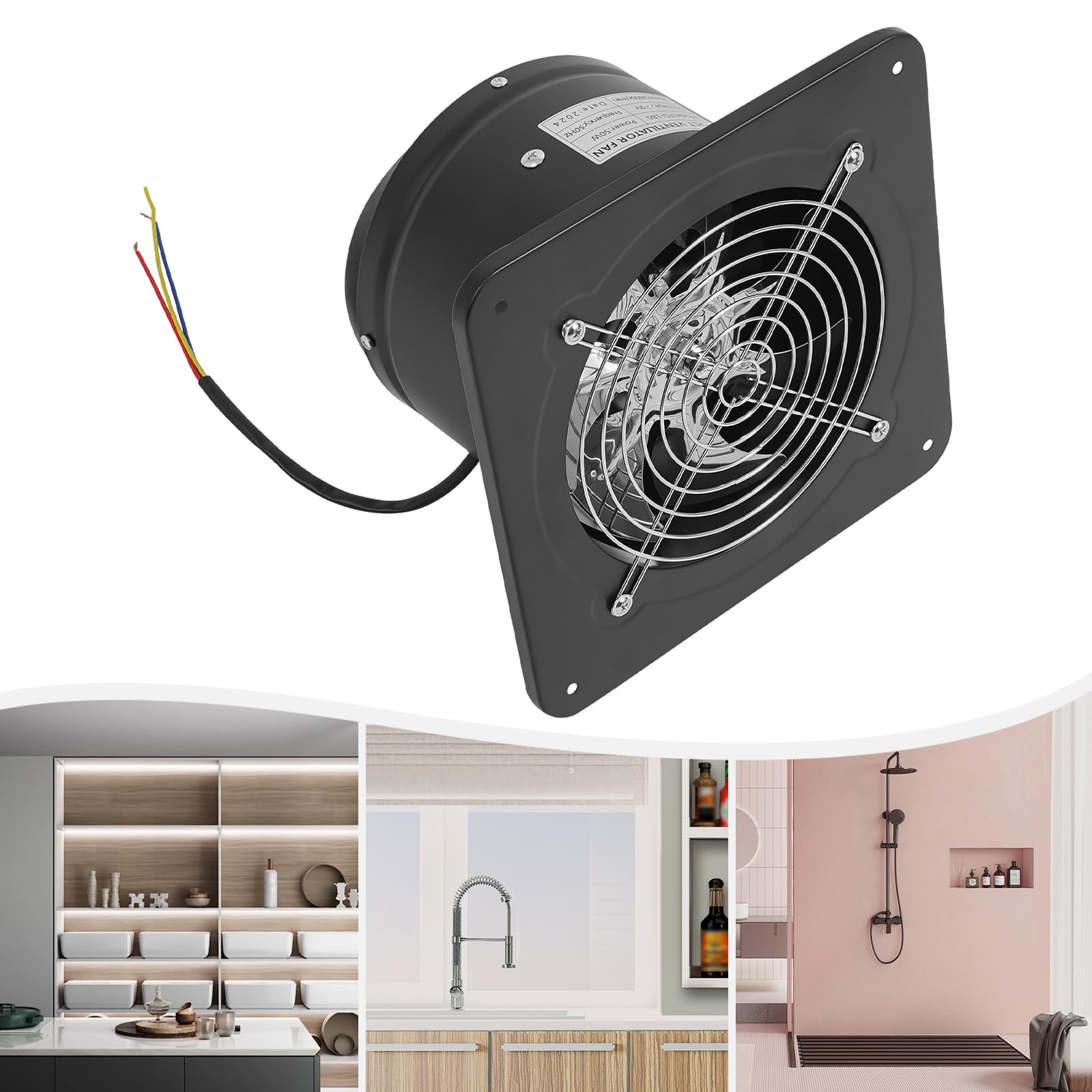 Wentylator wyciągowy 50 W, 2600 obr./min, z silnikiem miedzianym, wentylator ścienny do łazienki i kuchni – wentylator do zabudowy z klapą chroniącą przed warunkami atmosferycznymi i kratką