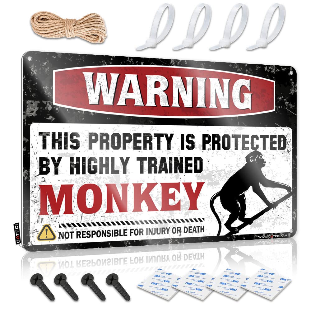 IBWNBBUSN Outdoor Funny Metal Sign Warning This Property Is Protected By A Highly Trained Monkey Tin Sign Funny Sign Decor Funny Outdoor Decor(30X40CM)