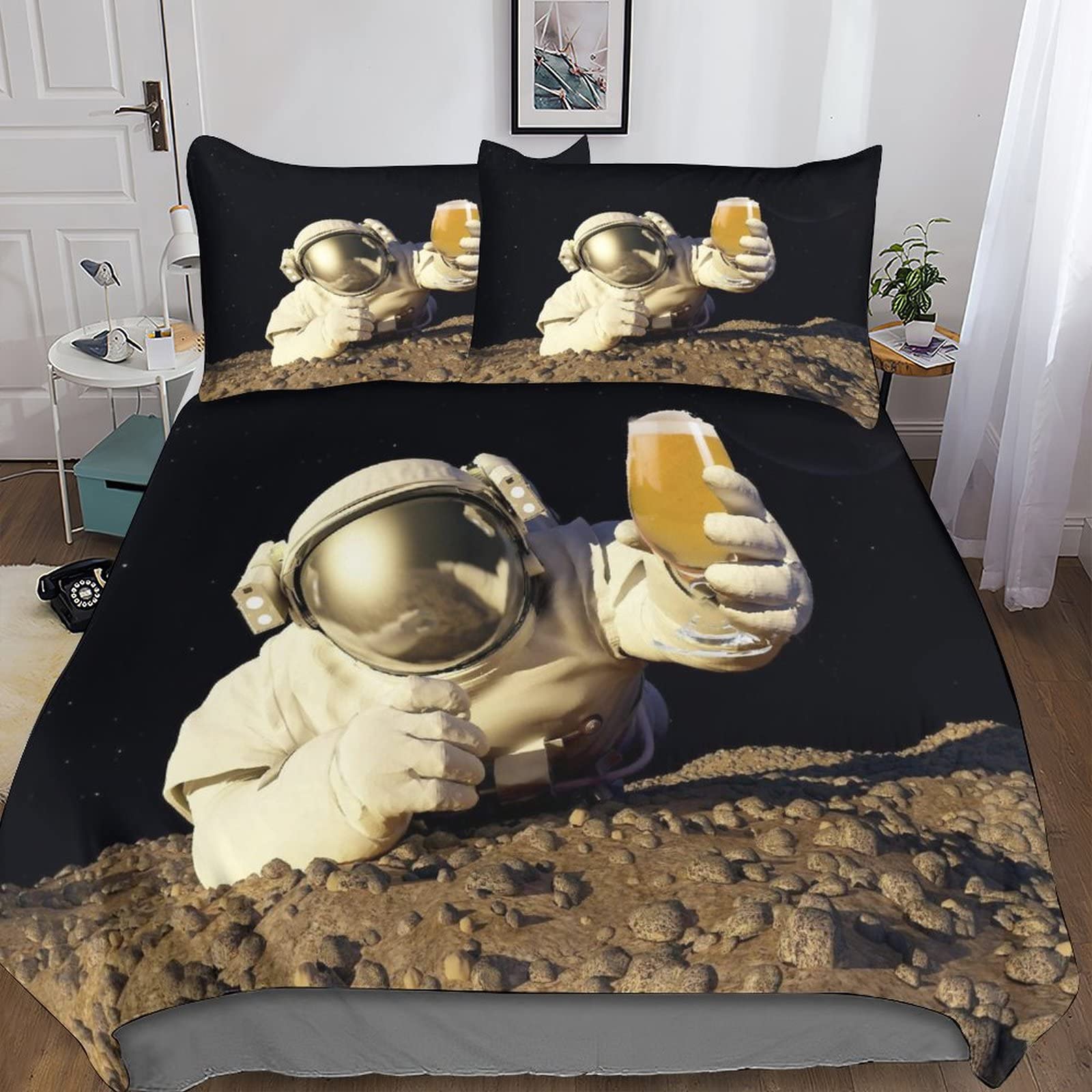 Housse de couette astronaute 3D en microfibre 200x200 cm avec taies d'oreiller pour lit double
