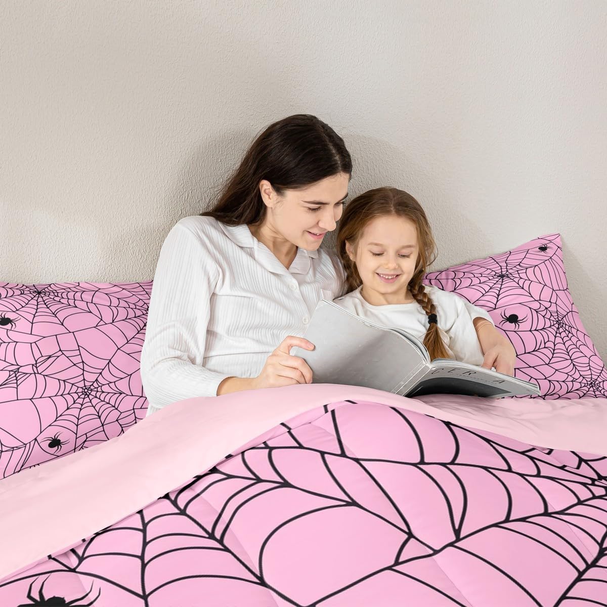 Feelyou Kids Pink Halloween Comforter Set Queen Size Pink Spider Web Bedding Set for Girls Teens Bedroom Decor Halloween Spider Comforter Women Pink Black Quilt Set Queen Size with 2 Pillow Case