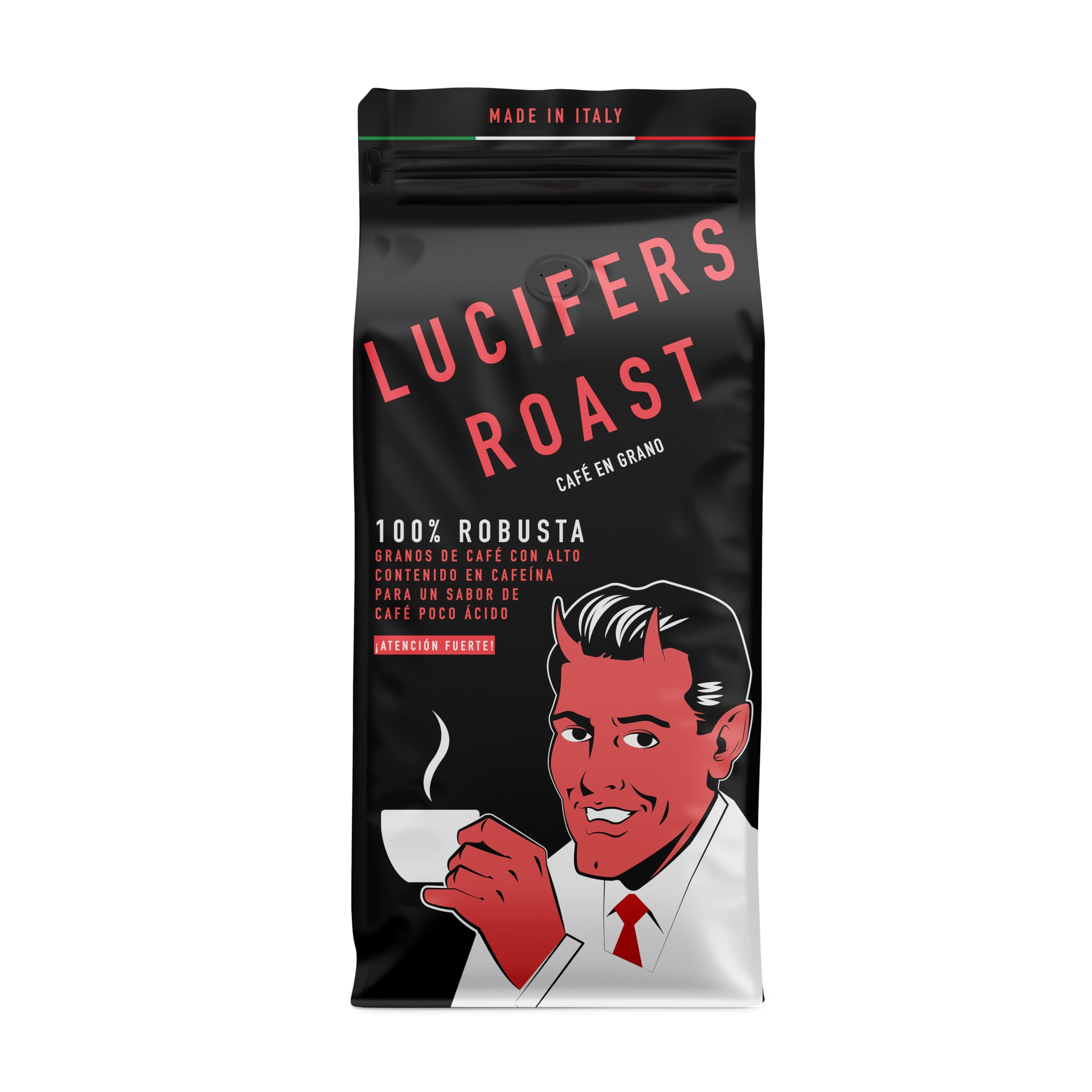 LUCIFERS ROAST 1kg granos de café por KIQO de Italia - espresso muy fuerte - baja acidez - para máquinas de café o portafilter - 100% Robusta (grano de café, 1kg)